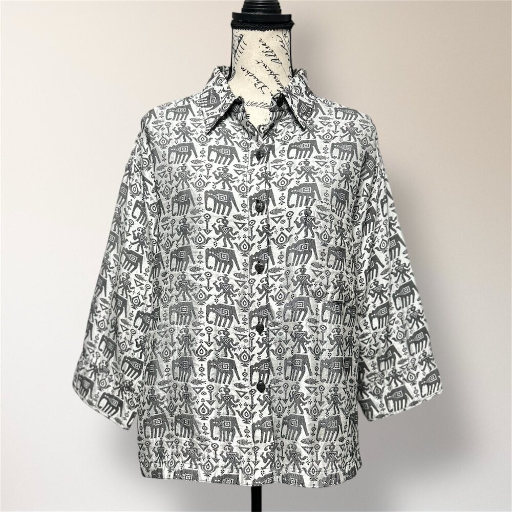 Vintage Chicos Design 2 Gray Tribal Silk Blend Embroidered Jacket Artsy‎ Boho L